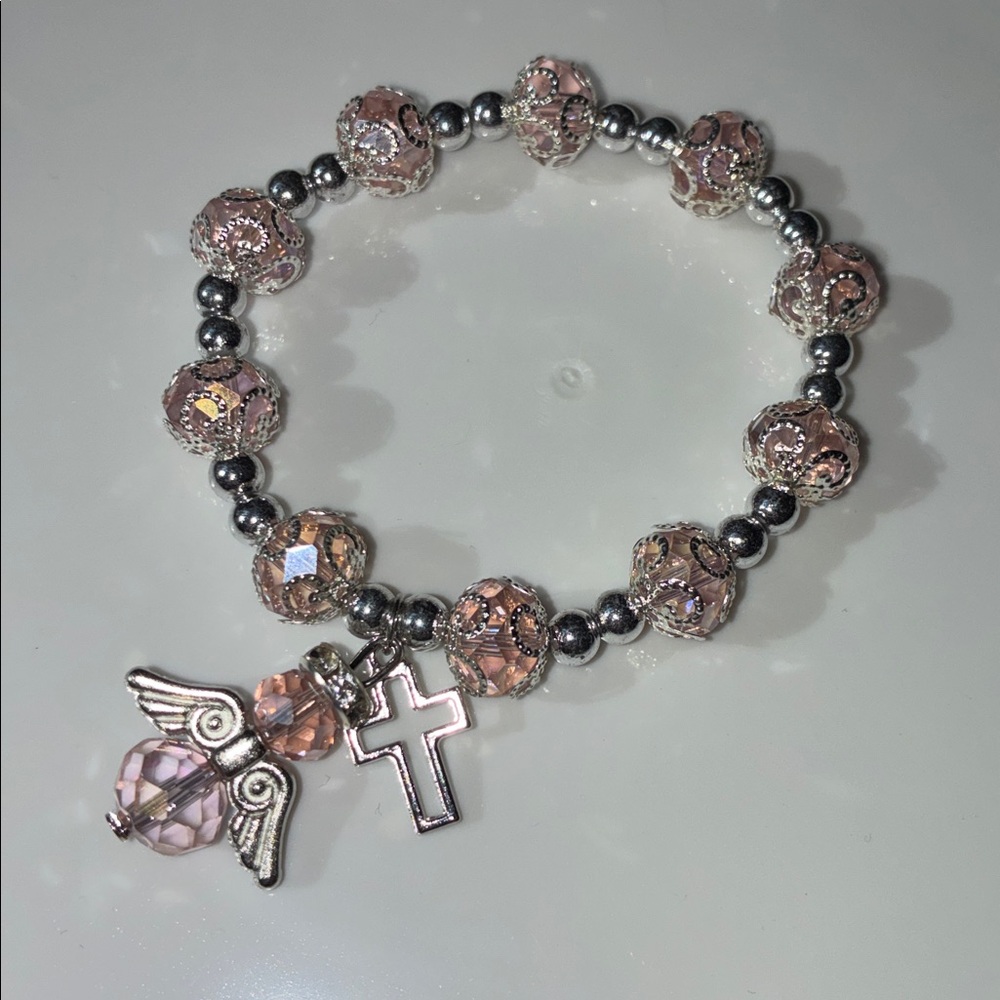 Elegant Sliver & Pink  Beaded Angel and Cross Charms Bracelet